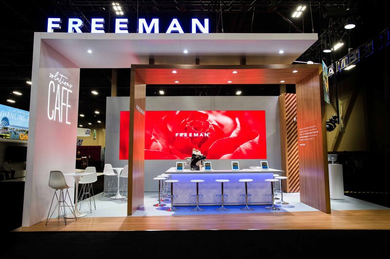 A booth showcasing a wide array of Freeman products